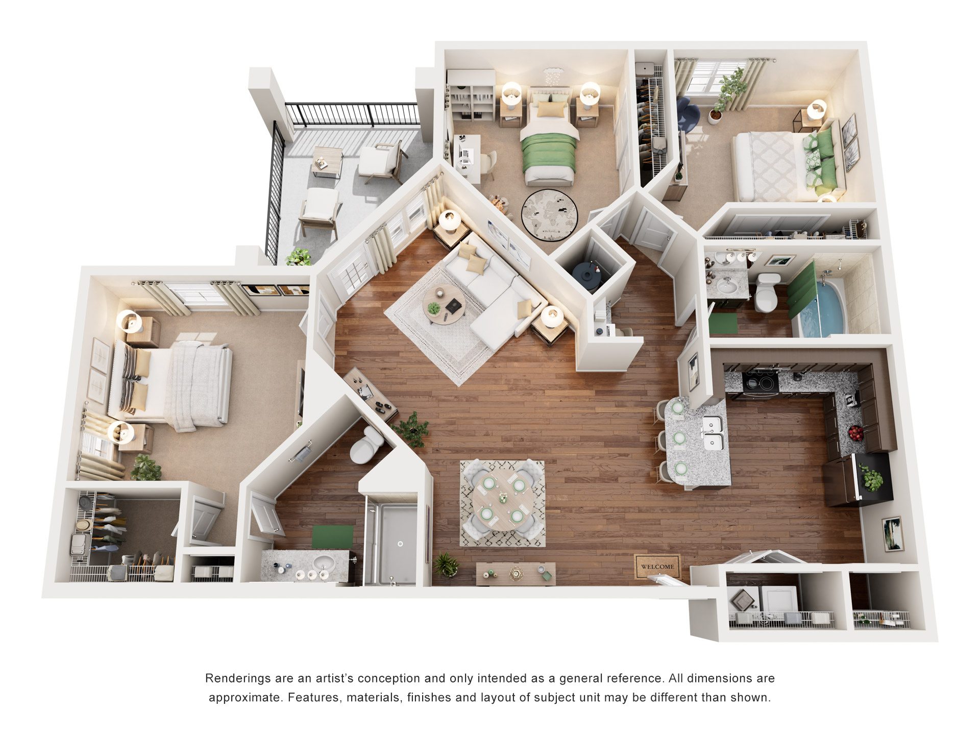 Floor plan for 3 beds, 2 baths, 1278 sqft